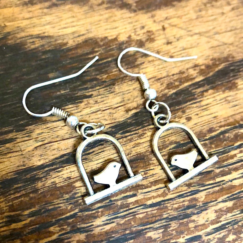3/$15 • Silver Alloy Bird Cage Dangle earrings